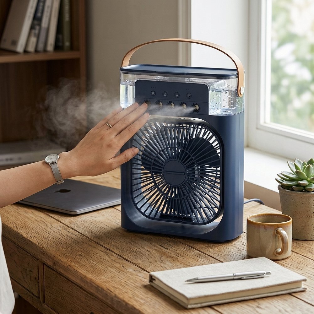 BreezeNova portable misting fan on a desk